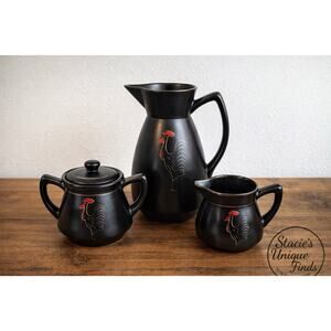 Vintage Black Rooster Pitcher Creamer Sugar Bowl Set Mid Century Style